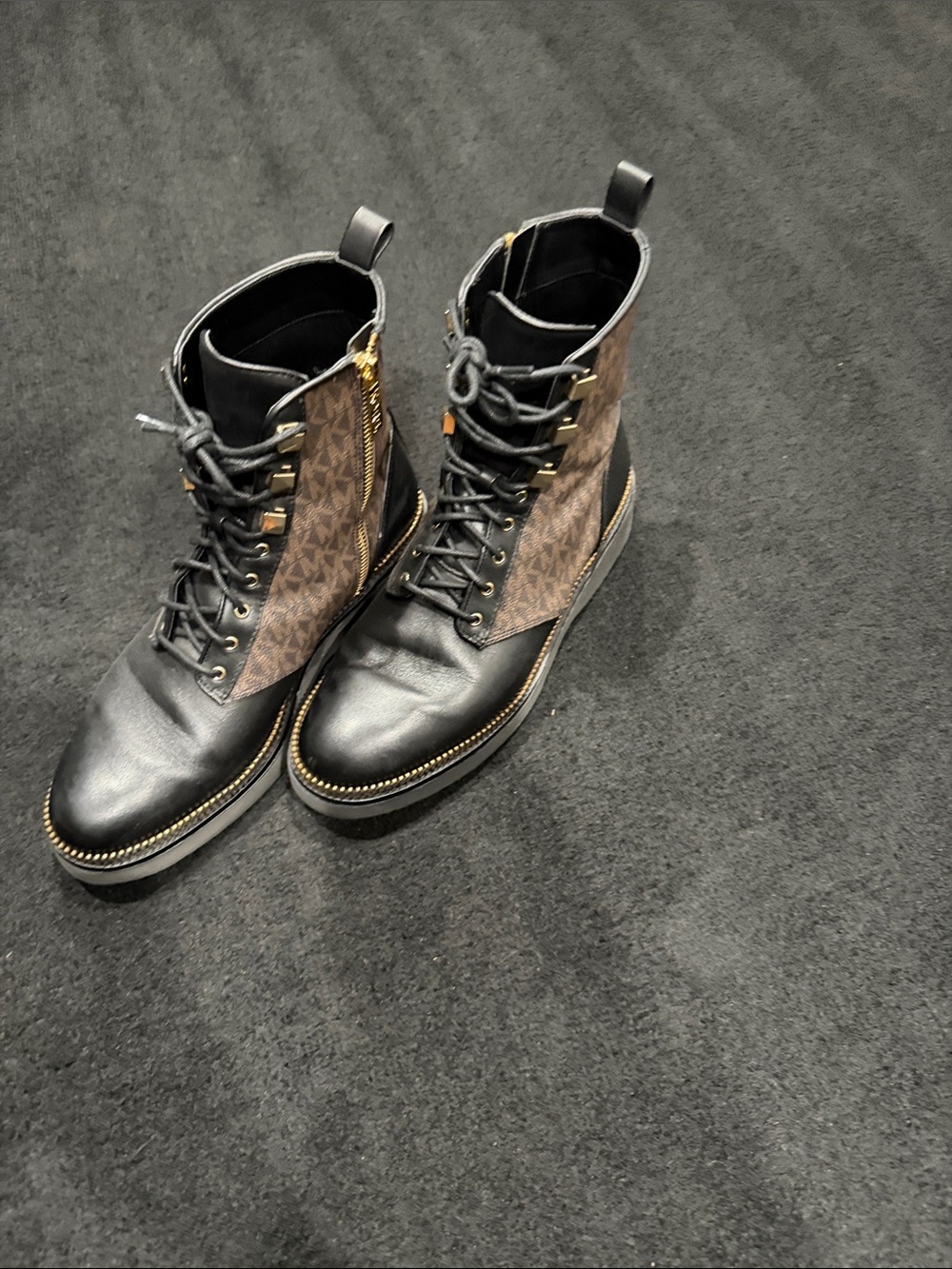 MICHAEL Michael Kors Black and Brown Logo Combat Boots